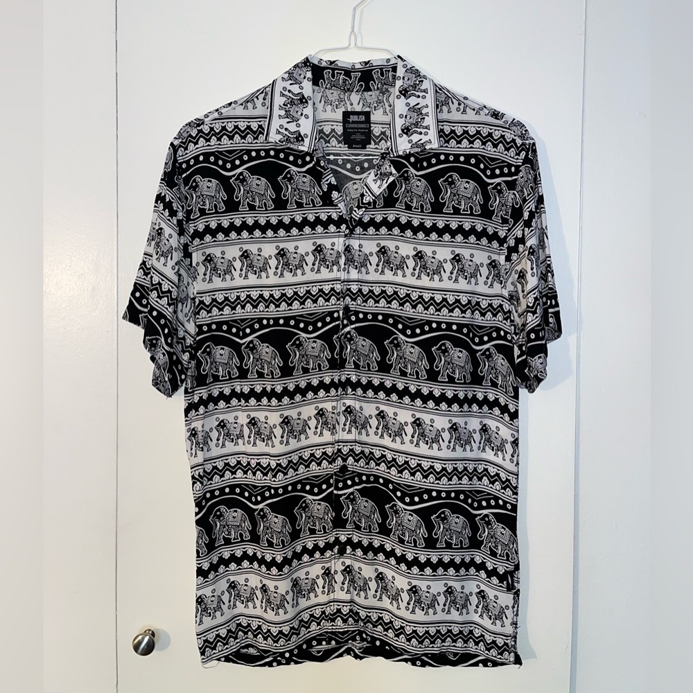 Publish Clothing Men’s Camp Shirt Small Black & White Thailand Elephant Pattern